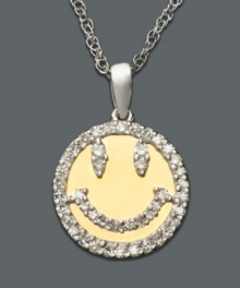 Be happy! The iconic smiley face goes for shimmer - and a little sophistication - with the addition of round-cut diamond (1/4 ct. t.w.). Pendant necklace crafted in 14k gold and sterling silver. Approximate length: 18 inches. Approximate drop: 1/2 inch.