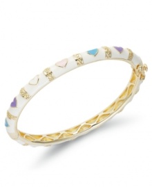 The perfect gift for your little sweetheart. This 18k gold over sterling silver bangle features white and multicolored enamel hearts. Bracelet secures with a hinge clasp. Approximate diameter: 2 inches.