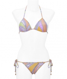 Take an iconic stance on seaside chic in Emilio Puccis characteristic print string bikini - Triangle top with self tie halter and back strings - Bikini bottoms with self-tie side strings - Style with a sheer caftan, a floppy sun hat, and oversized sunnies