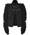 Recently relaunched with a fashion-forward aesthetic, Belstaffs take on modernized knitwear makes the cardigan a downtown-approved must-have essential - Funnel neck, leather-detailed toggle closures, decorative fuzzy fringe detailing at sleeves, ribbed detailed body and cuffs, cropped silhouette - Style with high-waisted jeans and a silk top, or a pencil skirt, fitted top, and heels