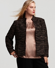 Richly textured tweed shapes this Jones New York Collection stand collar jacket, designed with lightly padded shoulders and a fitted waist to create a feminine silhouette.