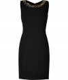 Leave your jewels at home and dress up your neckline with DKNYs cross-back embellished dress - Round neckline and thick straps with black and gold-toned embellishment, crisscross back straps, hidden back zip - Form-fitting - Wear with a blazer and sleek ankle boots