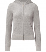 Finish off-duty looks on a sporty note with Juicy Coutures grey heather hoodie - Hooded, front zip closure, long sleeves, split kangaroo pocket, slim fit - Pair with matching pants, favorite jeans, or mini-skirts