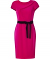 Take notes from the First Lady herself in Paule Kas seriously stylish fuchsia satin and crepe sheath dress, pulled together with a rich black velvet sash for exquisite results tailored to your most elegant events - Rounded neckline, cap sleeves, diagonal drape across the top, satin side panels, black velvet self-tie sash, side belt loops, V-back with hidden zipper closure - Softly tailored fit, knee-length - Team with a dusting of fine jewelry and statement heels