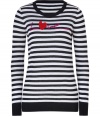 Romantic with a contemporary kick of bold striping, DKNYs silk-cashmere pullover is a sweet choice perfect for adding a fun edge to your outfit - Round neckline, long sleeves, black ribbed trim, Love knit on front - Slim fit - Wear with everything from jeans and flats to leather leggings and slick ankle boots