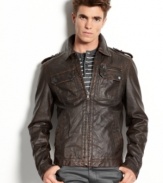 Leader of the pack. Get all the all-American style your look needs with this distressed faux-leather jacket from Guess.