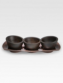 Three little bowls and their trim tray serve condiments, nuts or sauces with the rich character of a bronze finish over metal alloy, combining beauty and practicality in one.Bronze over metal alloyHandmadeSigned by designer Neil Cohen16 X 5WHand washImported