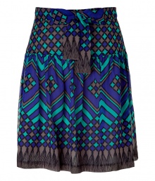 Stylish printed skirt in fine, pure silk - Vibrant electric blue, turquoise and grey colorway - Chic boho motif with trompe loeil fringe detail - Elegant trapeze silhouette - Gently pleated, hits at knee - Bow embellishment at waist - Versatile style works for the office, parties and leisure - Pair with a solid, streamlined top and sandals or wedges