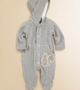 An adorable squirrel detail and Fendi logo trim make this velour footie a must-have for baby.Attached hoodFront snap closureSlash side pockets80% cotton/20% polyamideMachine washMade in Italy of imported fabric