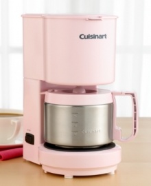 Wake up to pink in the morning and make your day brighter from the start. This compact and handy coffee maker fits snugly on your countertop and features a stainless steel carafe with dripless pour spout and knuckle guard. Three-year limited warranty. Model DCC-450.