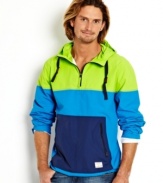 Far out. Keep out the elements and stand out in the bright, bold colors of this colorblocked hooded jacket from Nautica.