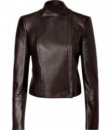 Invest in timeless luxury this season with Akris exquisitely soft lambskin jacket, detailed in rich espresso leather for a flawlessly modern finish - Short stand-up collar, long sleeves, slit cuffs, off-center front zip, front slit pocket, internal button closure - Cropped, tailored fit - Pair with minimalist separates and sleek, streamlined accessories