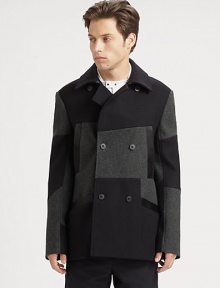 A brilliant patchwork pattern lends instant appeal to this wool peacoat.Button frontSlash pocketsAsymmetrical back yokeFully linedAbout 30 from shoulder to hemWoolDry cleanImported