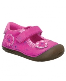 Tiptoe through the tulips. Her first steps will be worry free in these Nancy Mary Jane sneakers from Stride Rite, with technology to cushion feet and reduce stumbles and falls.