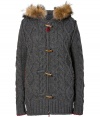 A chunky oversized knit and a luxe fur trimmed hood lend of-the-moment style to this Parajumpers cardigan - Fur-trimmed hood, concealed front zip with toggle button placket, red stitched welt pockets, chunky cable knit pattern, ribbed cuffs and hem - Wear with skinny jeans, a pullover, and wedge booties