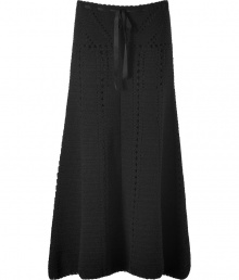 Stylish skirt in fine black wool and cashmere blend - New maxi length hits at ankle - Trendy all-over crochet knit detail - Flattering, feminine trapeze silhouette  - Soft, fluid fall - Elegant ribbon tie at waist - Pair with a lightweight cashmere sweater or fitted top and high heels