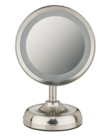 Take a good look at yourself. This classic makeup mirror, finished in satin nickel chrome, rotates 360-degrees in its frame to provide two essential views – regular and 5X magnification – as a built-in light illuminates the details. Model BE87CR.