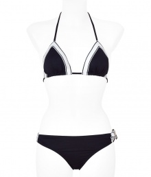 Look poolside pretty in this polka dot bikini from Juicy Couture - Classic triangle top with stripe, dual back tie detail with logo charms, classic bottoms with side stripe and bow - Pair with a sheer caftan, wedge sandals, a floppy sunhat