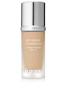 Anti-Aging Foundation a cellular emulsion SPF 15 is a luxurious, fluid foundation that appears natural, yet provides gorgeous coverage on the skin. This innovative skincare foundation is formulated with La Prairie's proprietary Intervention Complex and La Prairie's legendary Cellular Complex for skin that is protected, flawless with a firmer more lifted appearance.