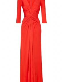 With a sexy 70s silhouette, this fire red silk jersey Issa dress features a figure-hugging fit with retro-inspired detailing - V-neck with knotted draped front, 3/4 sleeves, fitted waist, full skirt, concealed back zip closure - Form-fitting, floor length - Style platform heels and a statement clutch