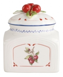 Lush summer fruit adds elegant contrast to the premium white porcelain of Villeroy & Boch's Cottage Inn spice jar. With classic sculpted accents and cherries on top, it's a charming addition to country kitchens.