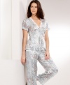 Sail off to sleep with the dreamy feel of these satin pajamas featuring animal print, beautiful florals and lace trim. By Jones New York.