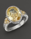 Judith Ripka Sterling Silver and 18K Gold Oval Stone Estate Ring with White Sapphire and Canary Crystal