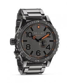 Designed for high-impact performance and style, this boldly sized watch from Nixon features 300-meter water resistance, an easy to read dial, and sturdy bracelet.