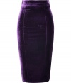 Finish your look on an impossibly feminine note with LWren Scotts deep amethyst velvet pencil skirt - Hidden metal back zip, paneled construction, kick pleat - Exquisitely flattering figure-hugging fit - Pair with silk tops and platform pumps for a seamless transition from work to cocktails