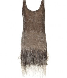 Channel 1920s-inspired glamour in this bead-and-feather fringed frock from Roberto Cavalli - Scoop neck, sleeveless, tank style mini-dress, all-over bead embellishment, bead and feather fringed hem - Wear with peep-toe platforms and a statement clutch