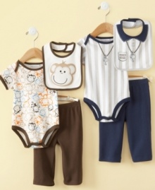 Oh boy! He'll be ready to play in one of these adorably themed bodysuit, pant and bib sets from First Impressions.