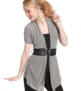 Layer on the stripes with this asymmetrical cardi that comes with a belt, plus an attached cami! From BCX.