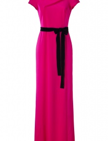 Take notes from the First Lady herself in Paule Kas seriously stylish fuchsia satin and crepe gown, pulled together with a rich black velvet sash for exquisite results tailored to your most festive evening events - Rounded neckline, cap sleeves, diagonal drape across the top, satin side panels, black velvet self-tie sash, side belt loops, V-back with hidden zipper closure - Softly tailored fit, floor-length - Team with a dusting of fine jewelry and statement heels