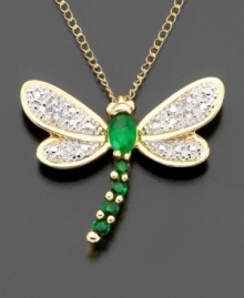 Green, glorious green! This dragonfly pendant features  round-cut emeralds (1/3 ct. t.w.) with diamond accents. 14k gold chain measures 18 inches; drop measures approximately 1/2 inch.