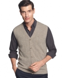 Get serious about sophisticated style with this cabled sweater-vest from Geoffrey Beene.