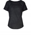 Flecked with white with cool modern seaming, Marc by Marc Jacobs black tee is a staple separate with endless wearing possibilities - Wide neckline, raglan short sleeves, dropped shoulders, curved hemline - Fitted - Wear with cardis and jeans, or tucked into a high-waisted pencil skirt with heels