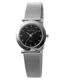 Evening elegance and sleek, streamlined style. This Skagen Denmark watch features a stainless steel bracelet and round case. Black dial with logo and Swarovski crystals at markers. Quartz movement. Water resistant to 30 meters. Limited lifetime warranty.