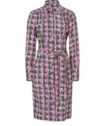 Luxe shirtdress in fine, pure printed silk - A summer stunner from knits maestro Sophie Theallet - Eye-catching, retro-modern purple, white and green print - Slim cut button down style with small collar - Long sleeves with oversize cuffs and belted tie waist - Straight skirt hits at knee - Pair with peep toe pumps, wedges or kitten heels