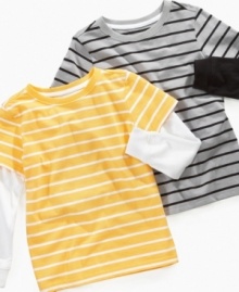 Save both of you the bother of layers by dressing him in an all-in-one tee from Greendog that mixes stripes and solids.