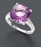 Indulge in the cocktail hour trend with this chic ring. A brilliant cushion-cut pink amethyst (6 ct. t.w.) draws plenty of attention in its 14k white gold setting with two matching rows of sparkling diamond side accents.