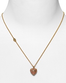 Juicy Couture pave puffed heart wish necklace. A 14 karat goldtone necklace with a pink pave crystal heart pendant. Juicy Couture written across front of heart. Lobster clasp closure with charm at end. 15 in length and 3 extender. Box included.