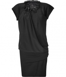 Work a pretty accent into your Little Black Dress wardrobe with Vanessa Brunos wool-silk combo shift, detailed with feminine ruffled trim for a contemporary finish - Ruffled collar detail with a lace trimmed back, gathered neckline, raglan cap sleeves, draped bodice with side gather - Modern draped bodice, fitted skirt - Wear with embellished flats and statement clutches for cocktails