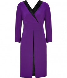 Alluring with black satin trim and eye-catching in violet, Alberta Ferrettis sharply tailored sheath is a sophisticated choice for your evening events - V-neckline in front and back with black satin trim, 3/4 sleeves, slit front with royal blue coloring on the reverse side of skirt, concealed side zip closure - Tailored fit - Wear with statement heels and a clutch