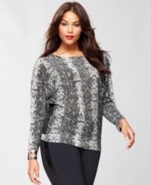 Snakeskin print goes downtown with a raglan-sleeve plus size top from INC! There's a surprise in back, too -- a slightly sheer solid inset!