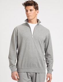 EXCLUSIVELY OURS. Whether gym-bound or for weekend-wear, this pullover style is designed for maximum comfort in superbly soft cotton.Half-zip frontStand collarBanded cuffs and hemCotton/modalHand washImported