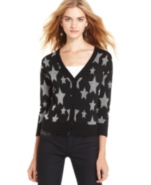 Layer your tees and skinny jeans with star style (literally!) Confess' super-cute, three-quarter sleeve cardi features a constellation of metallic stars.