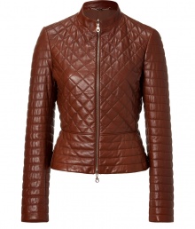 Ultra-luxe jacket in supple, sumptuous leather - Rich hazelnut hue and all-over quilting - Fitted, feminine silhouette hits just below hips and tapers at waist, creating a fashionable peplum - Small stand up collar and full zipper - Gorgeous and versatile, an absolute investment piece perfect for work, weekend and leisure - pair with just about anything in your wardrobe, from denim trousers and cigarette pants to pencil skirts and knit dresses