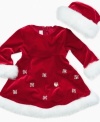 Adorable Santa hat and dress by Bonnie Jean with faux trim and snow flake applique on dress.