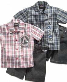 A savvy pair. He'll be spiffy, stylish and comfortable in this plaid shirt and jean short Airwalk set from Clubhouse.