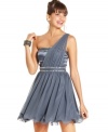 Dazzling rhinestones and a sweet ruffled hemline make up this flirty one-shoulder dress by Jump!